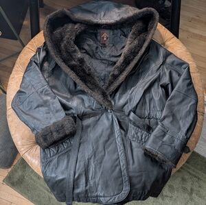 VTG G-III 90s Women's Leather Faux Fur Hooded Overcoat w/ Waist Belt Size Large